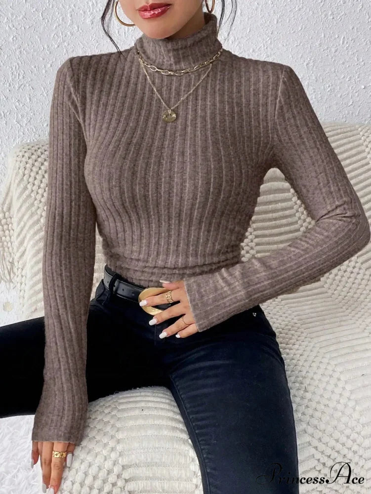 Slim Turtleneck Jumper Fitted Long Sleeve Knit Blouse Women