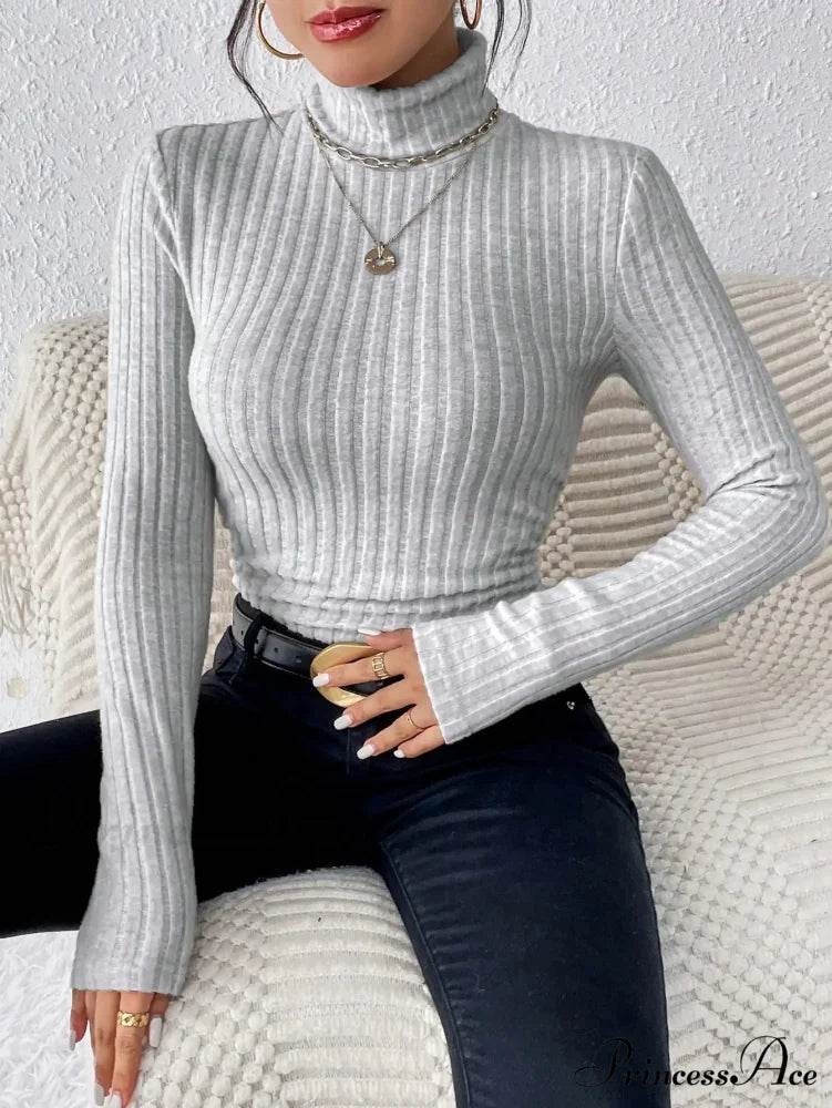 Slim Turtleneck Jumper Fitted Long Sleeve Knit Blouse Women