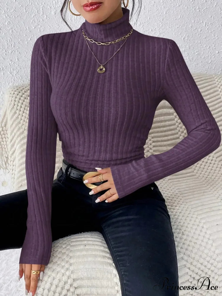 Slim Turtleneck Jumper Fitted Long Sleeve Knit Blouse Women
