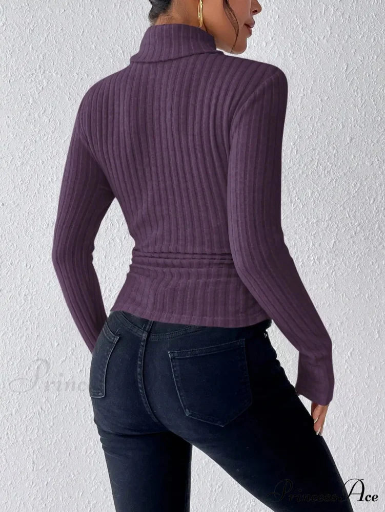 Slim Turtleneck Jumper Fitted Long Sleeve Knit Blouse Women