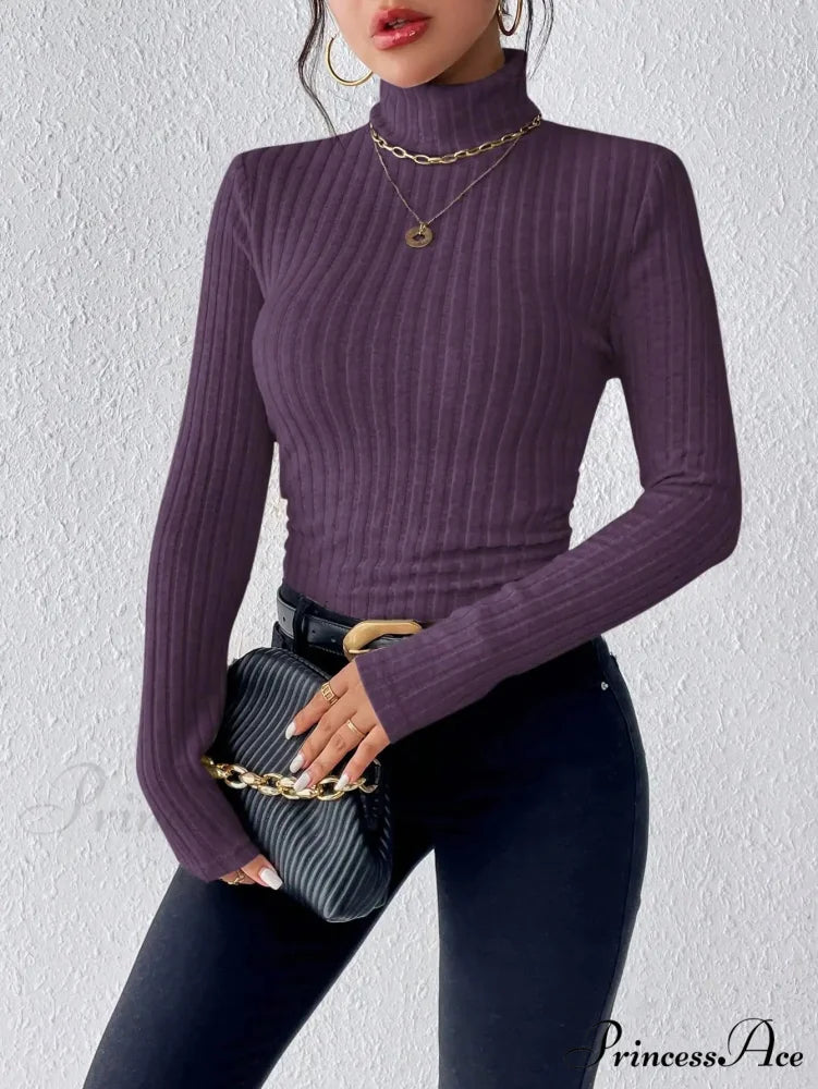 Slim Turtleneck Jumper Fitted Long Sleeve Knit Blouse Women