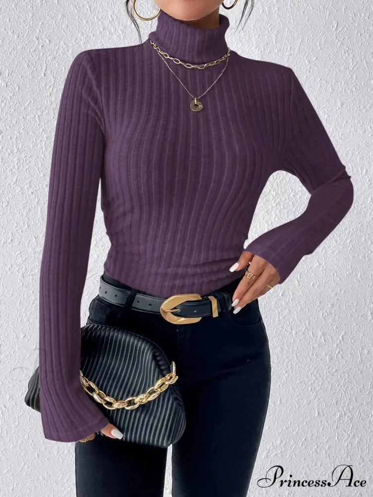 Slim Turtleneck Jumper Fitted Long Sleeve Knit Blouse Women