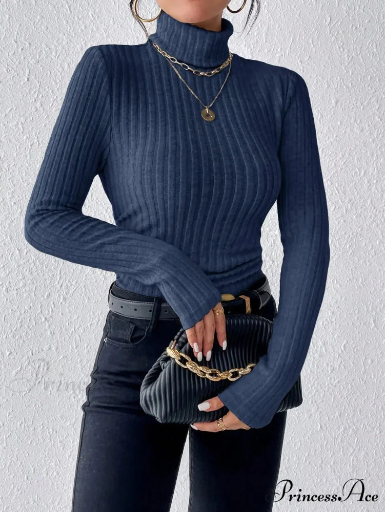 Slim Turtleneck Jumper Fitted Long Sleeve Knit Blouse Women