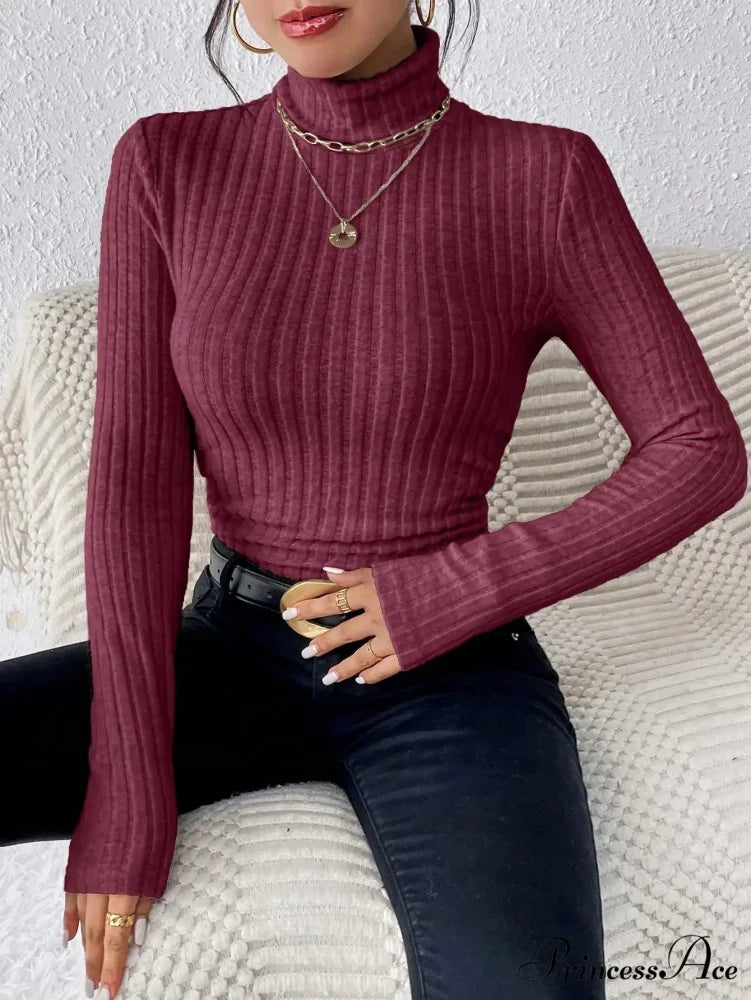 Slim Turtleneck Jumper Fitted Long Sleeve Knit Blouse Women