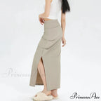 Slit Pleated Solid Long Skirt Vintage Korean Casual Skirt