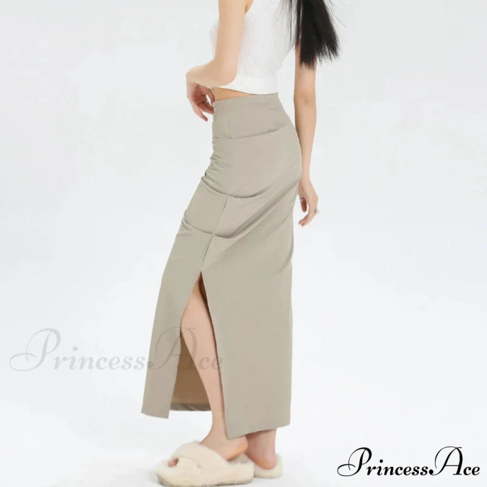 Slit Pleated Solid Long Skirt Vintage Korean Casual Skirt