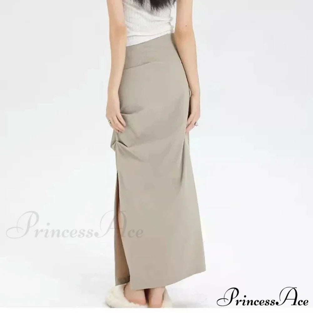 Slit Pleated Solid Long Skirt Vintage Korean Casual Skirt