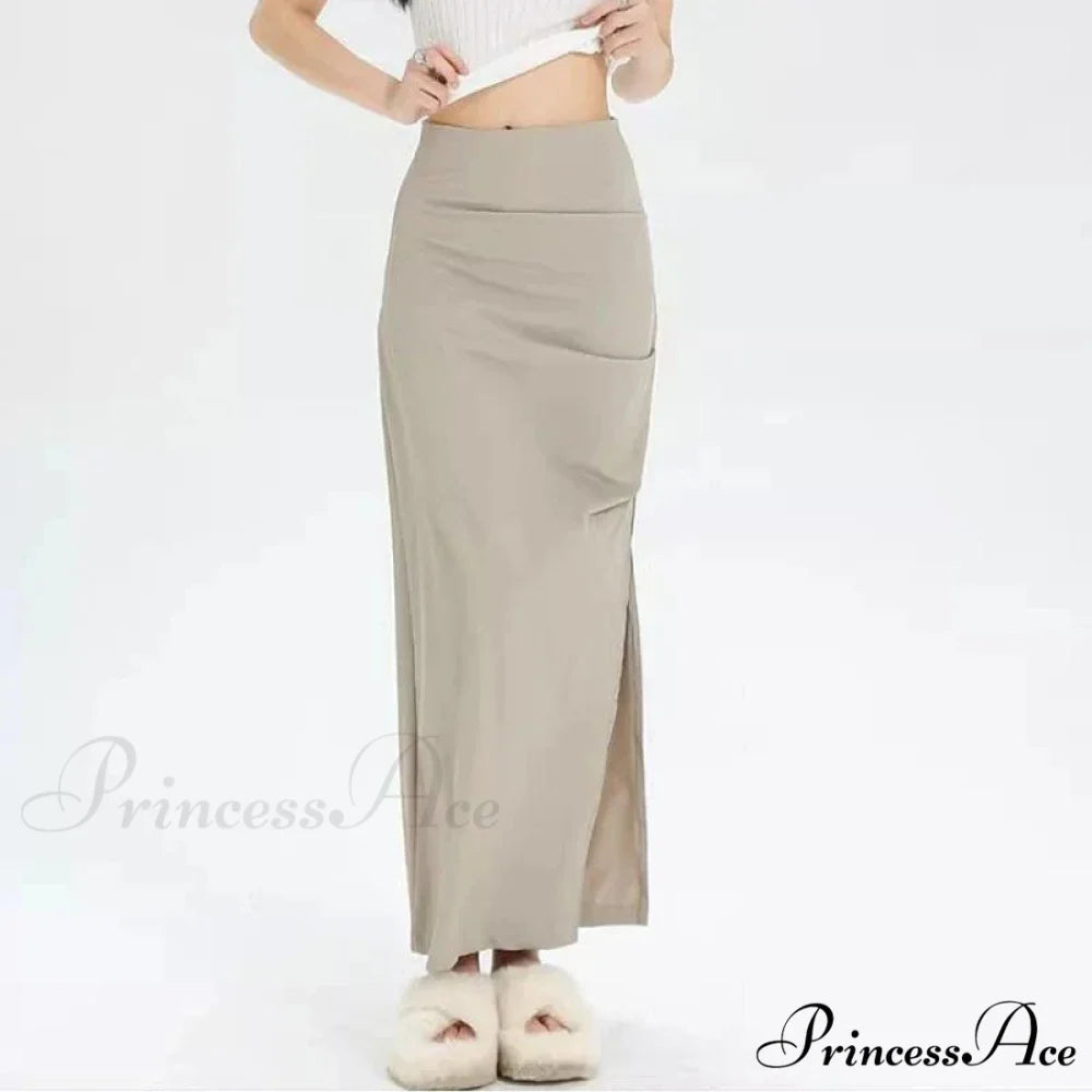 Slit Pleated Solid Long Skirt Vintage Korean Casual Skirt