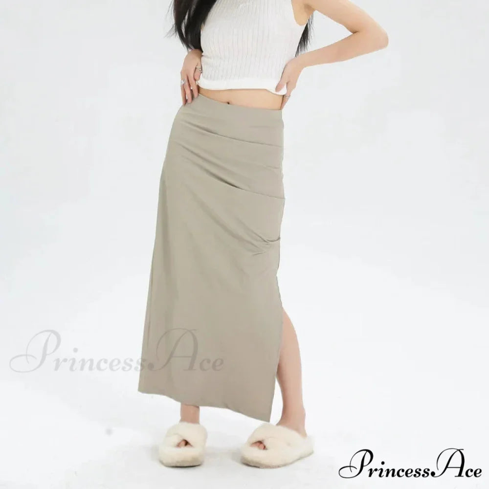 Slit Pleated Solid Long Skirt Vintage Korean Casual Skirt