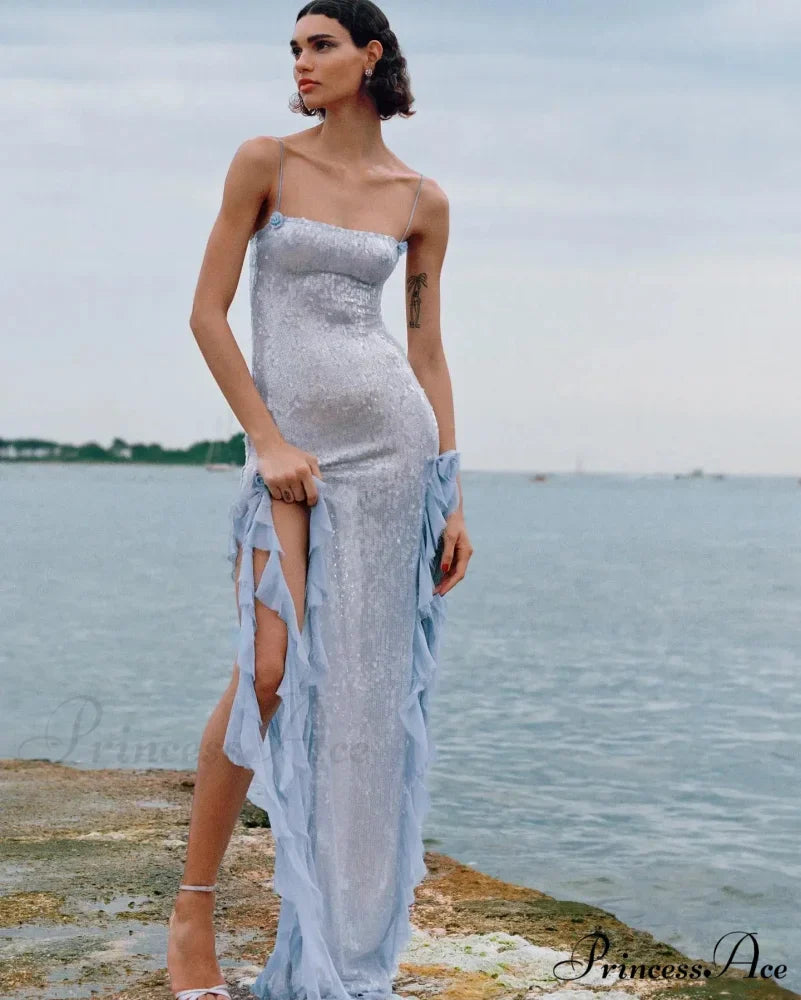 Slit Ruffle Sequin Party Dress
