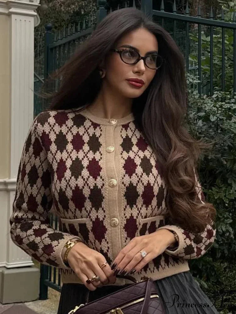 Small Printed Round-neck Short Cardigan