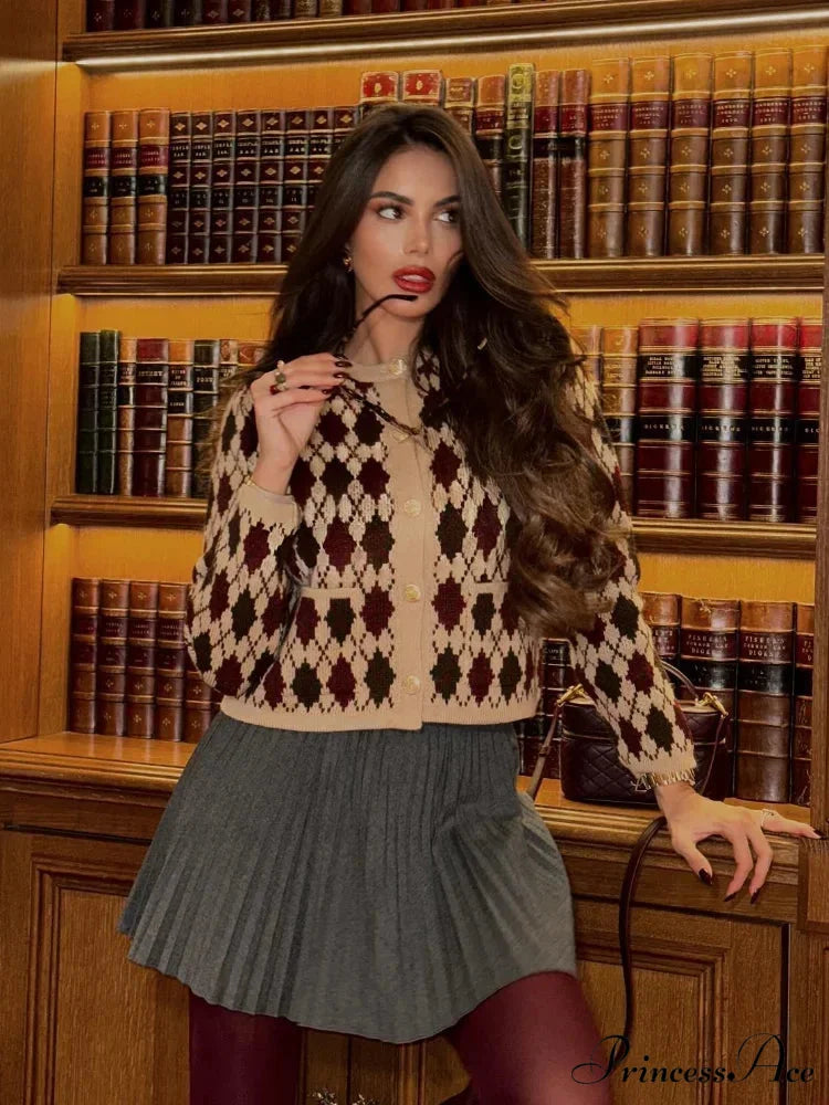 Small Printed Round-neck Short Cardigan