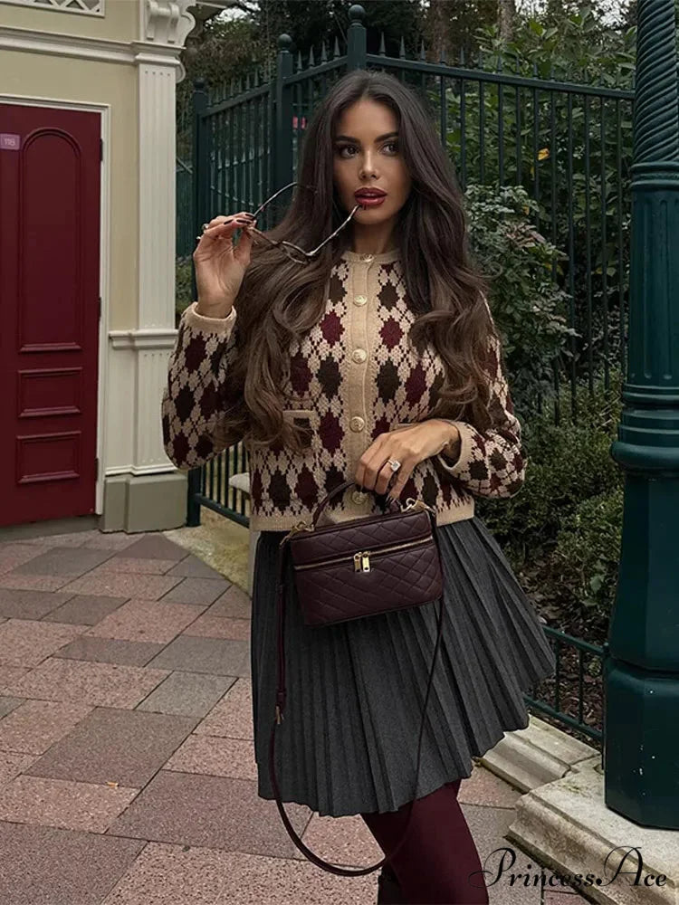 Small Printed Round-neck Short Cardigan