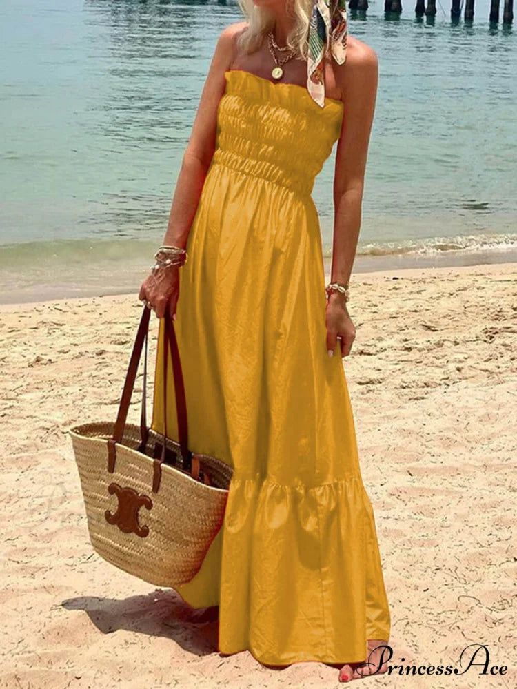 Smocked Bust Off Charming Shoulder Vacation Maxi Dress