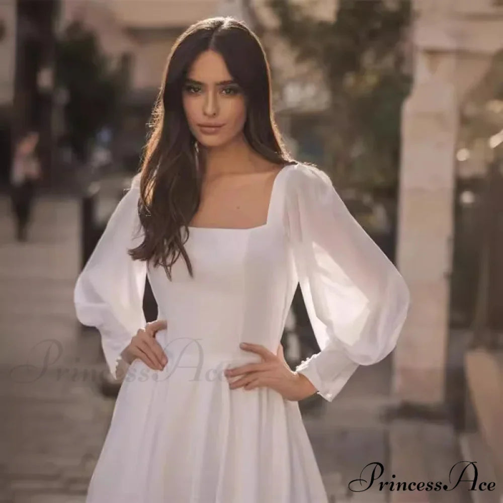 Smooth Chiffon Sleeve Open-Back Wedding Gown