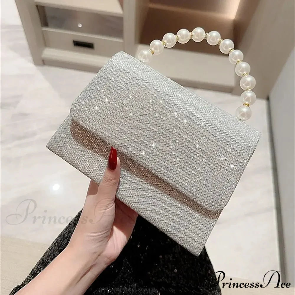 Smooth Evening Clutch Golden Pearl Chain Purse