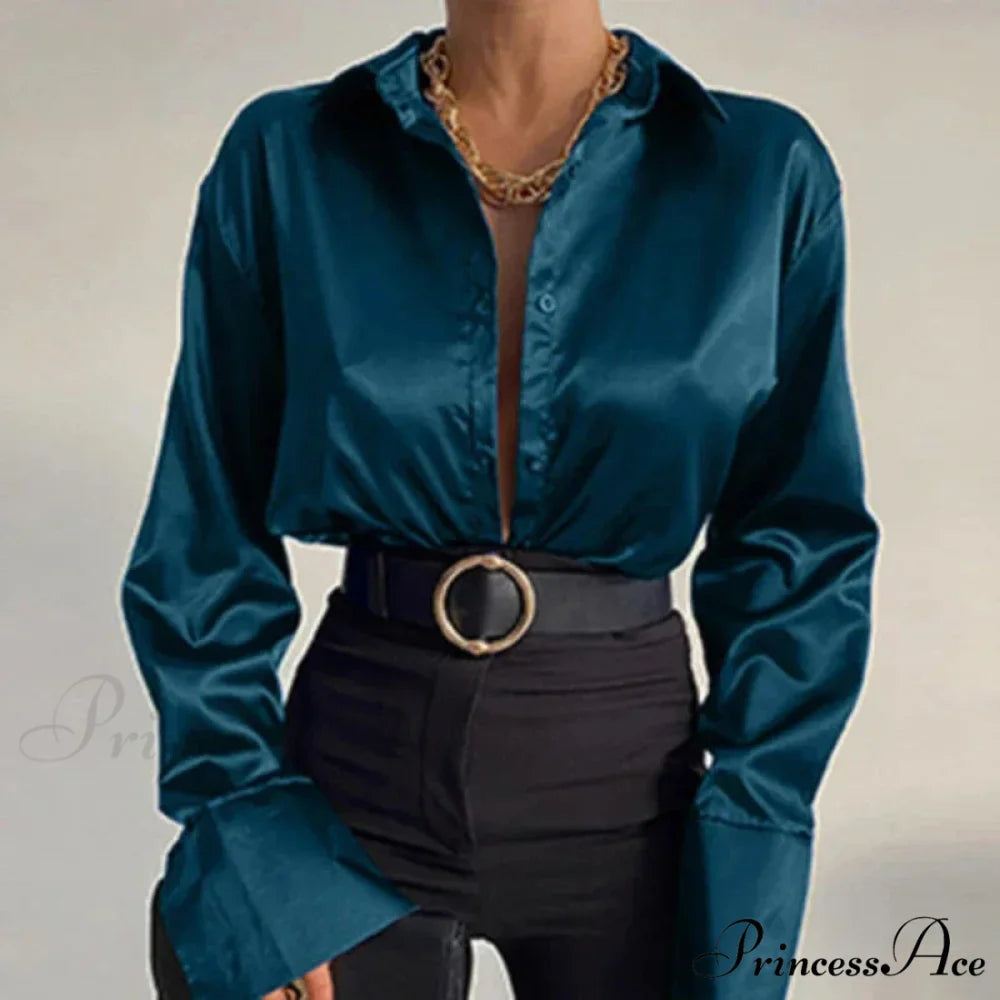 Smooth Long Sleeve Retro Azure Blouse