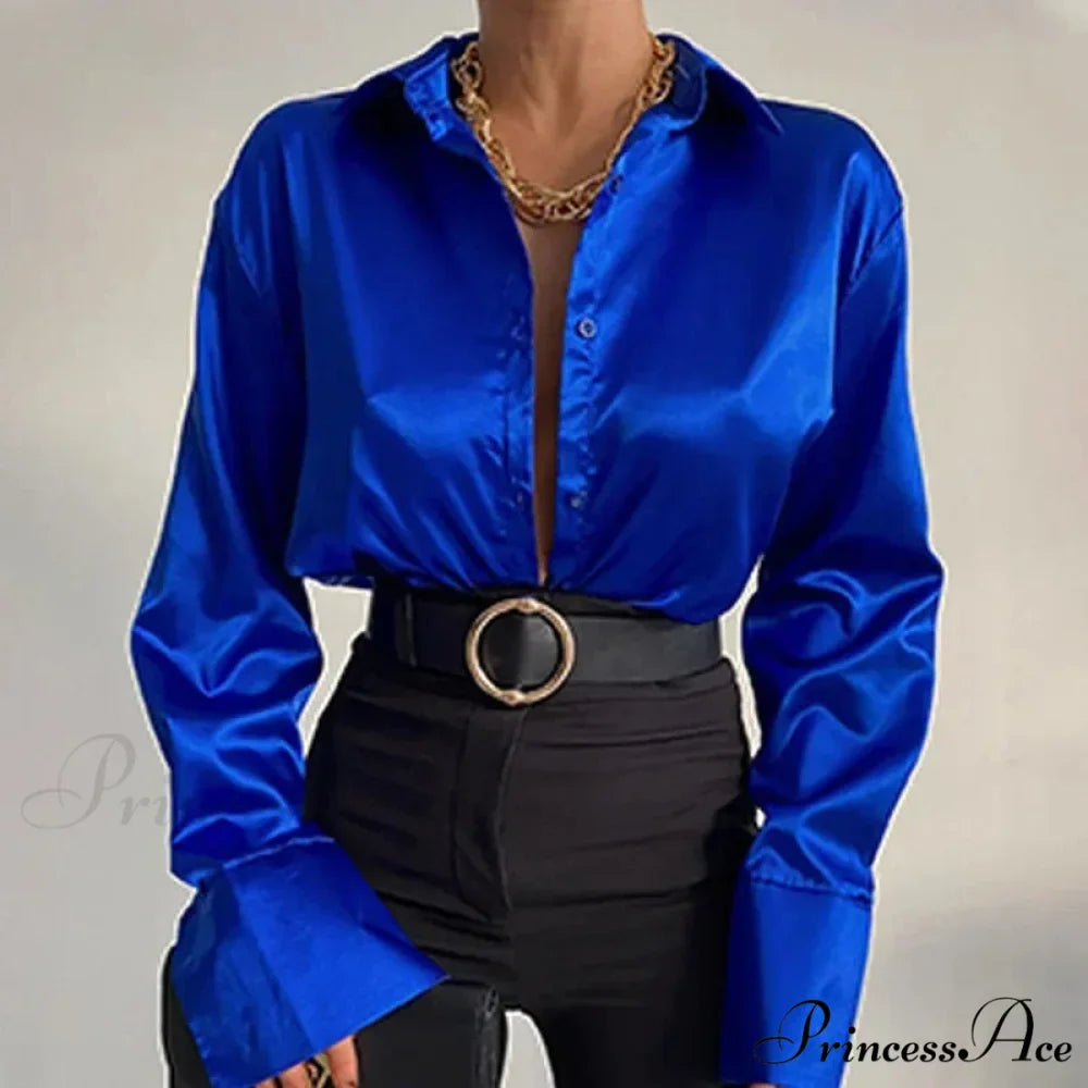 Smooth Long Sleeve Retro Azure Blouse