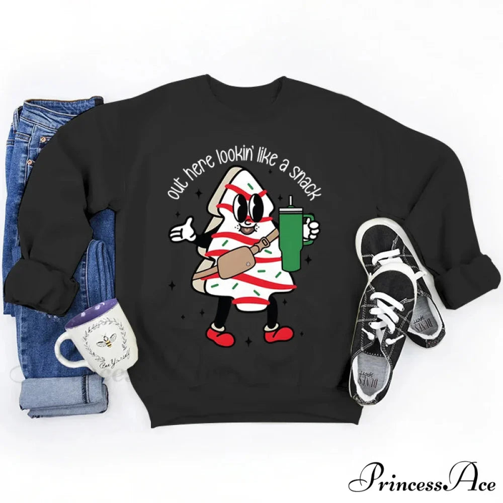 Snack Print Round Neck Christmas Hoodie - Casual Long Sleeve