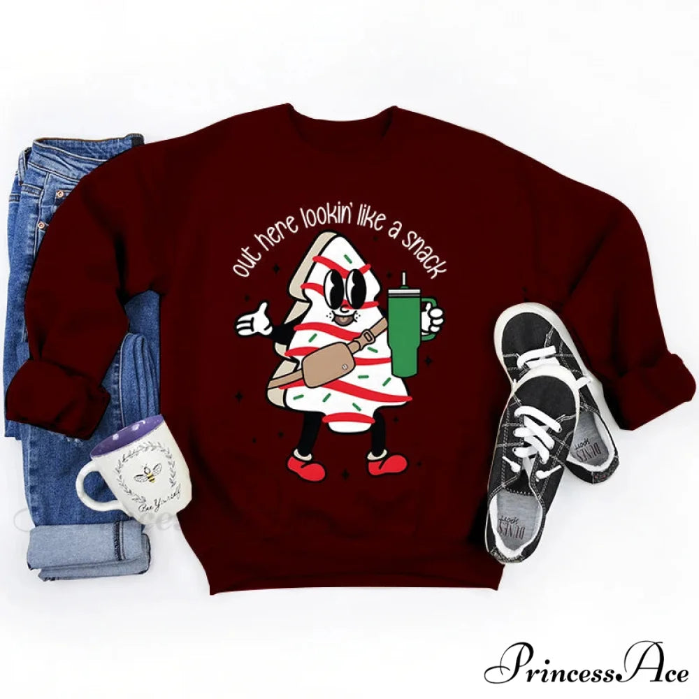 Snack Print Round Neck Christmas Hoodie - Casual Long Sleeve