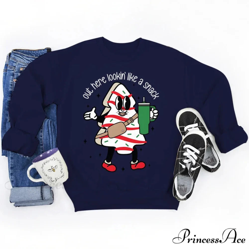 Snack Print Round Neck Christmas Hoodie - Casual Long Sleeve