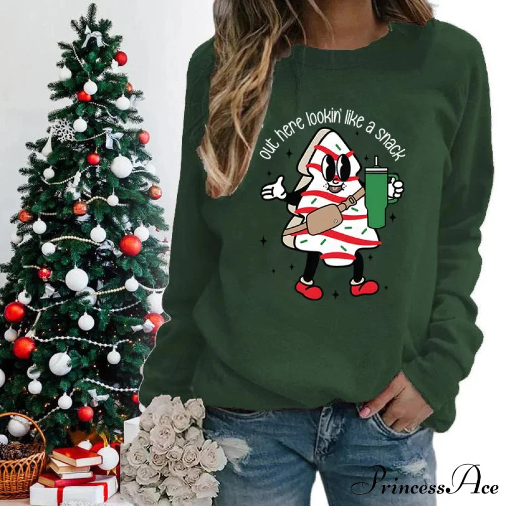 Snack Print Round Neck Christmas Hoodie - Casual Long Sleeve