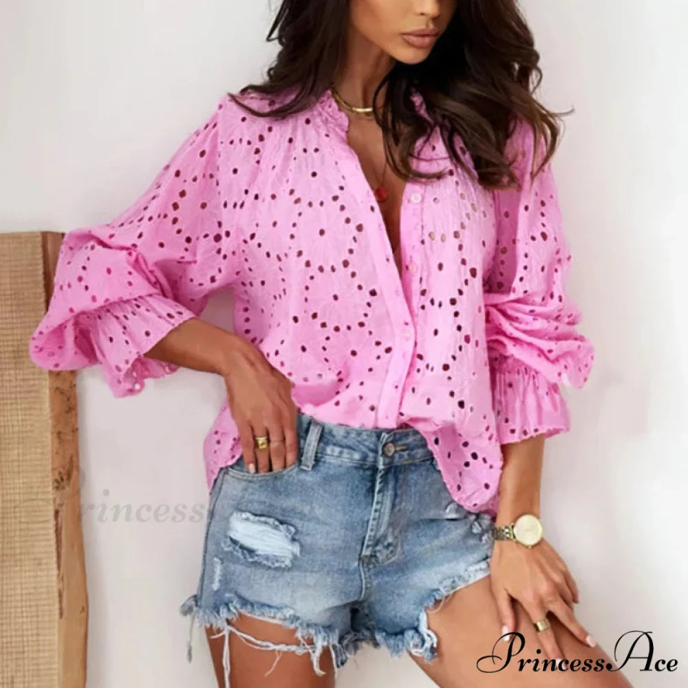 Soft Floral Stitching V-Neck Long Sleeve Boho Top