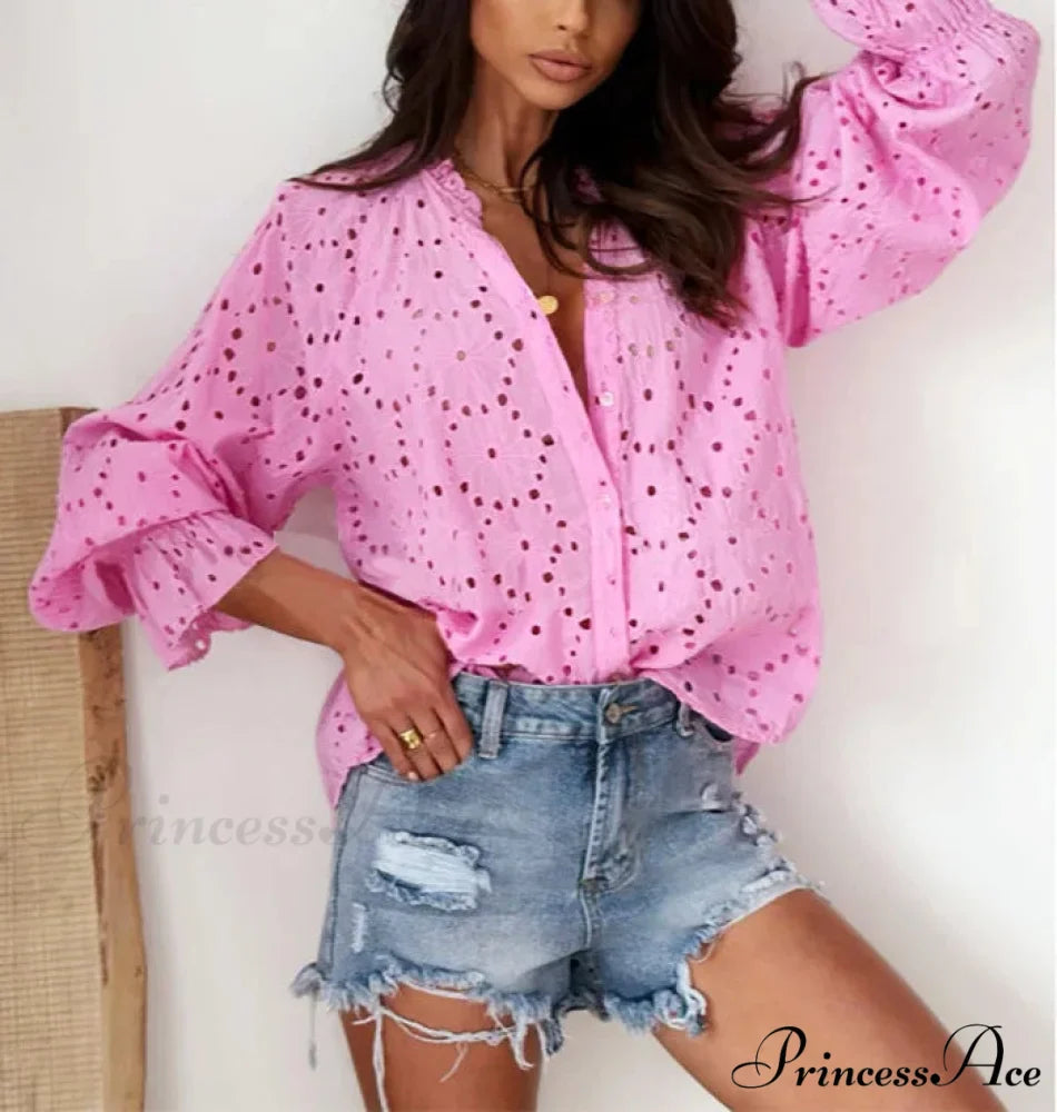 Soft Floral Stitching V-Neck Long Sleeve Boho Top