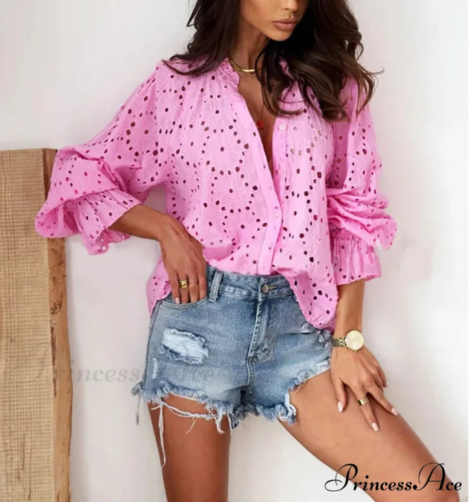 Soft Floral Stitching V-Neck Long Sleeve Boho Top