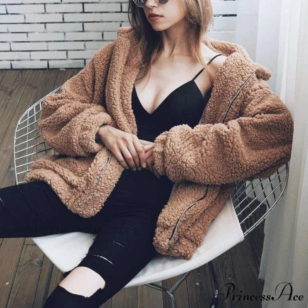 Soft Fur Plush Pocket Plus Size Teddy Coat