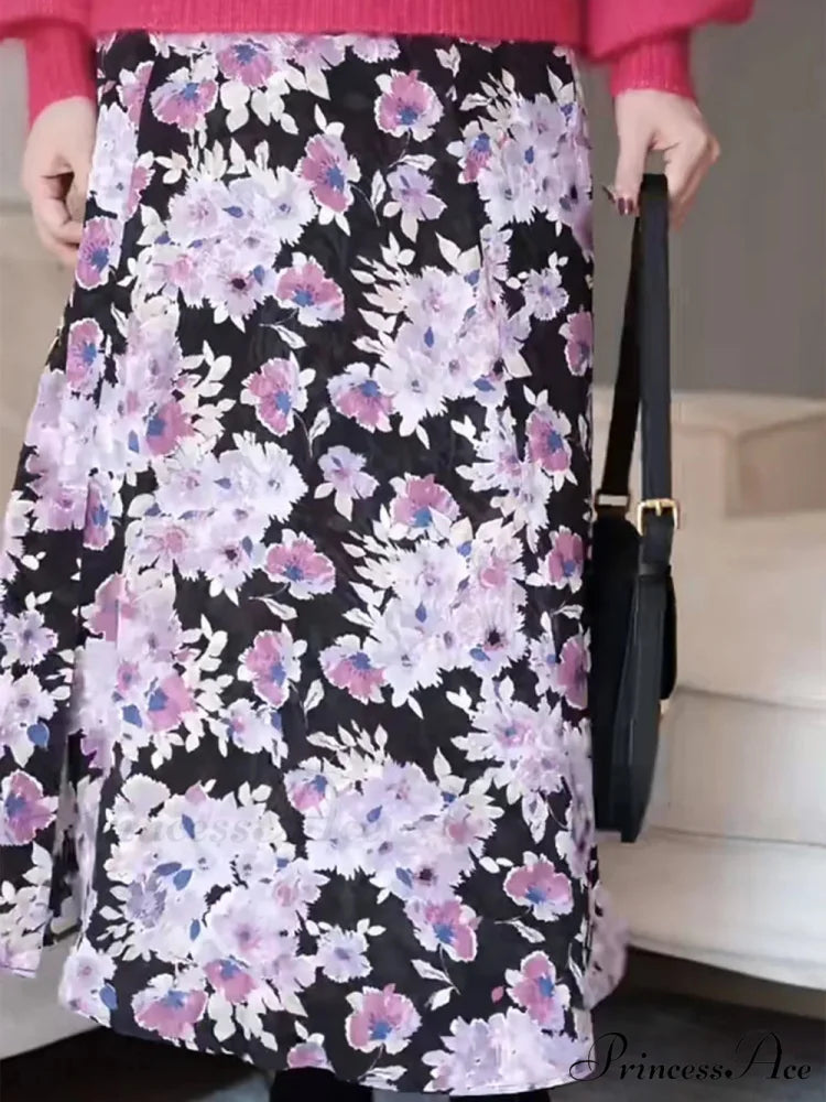 Soft Lavender Floral Midi Skirt Winter Woman Split Hem High Waist