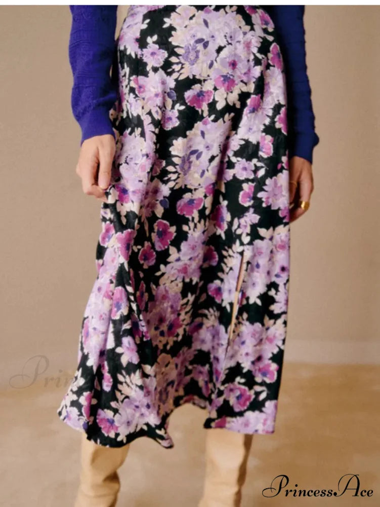 Soft Lavender Floral Midi Skirt Winter Woman Split Hem High Waist