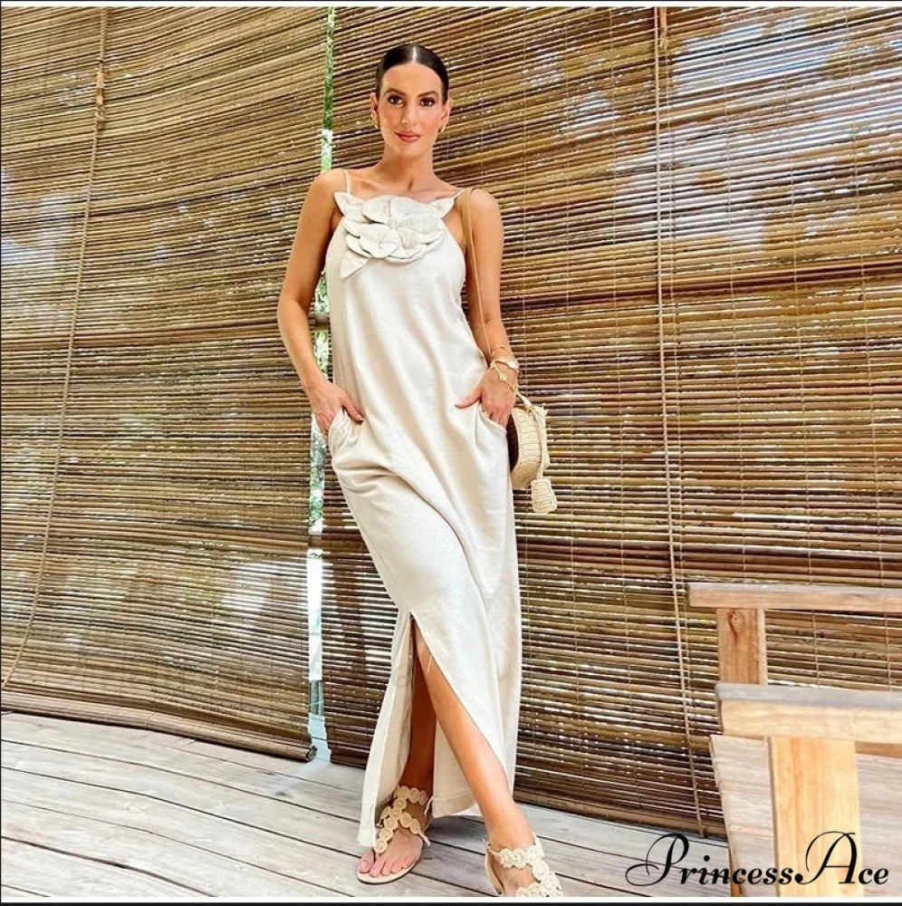 Soft Linen Separated 3D Blossom Plain Sling Maxi Dress