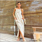 Soft Linen Separated 3D Blossom Plain Sling Maxi Dress