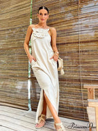 Soft Linen Separated 3D Blossom Plain Sling Maxi Dress