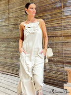 Soft Linen Separated 3D Blossom Plain Sling Maxi Dress