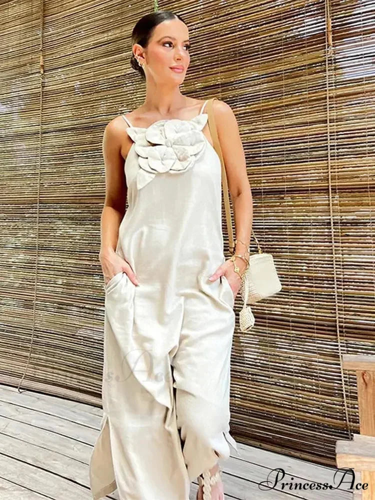 Soft Linen Separated 3D Blossom Plain Sling Maxi Dress