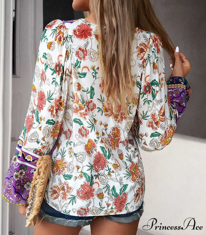 Soft Rayon Floral Printed Extended Sleeve Seaside Boho Top