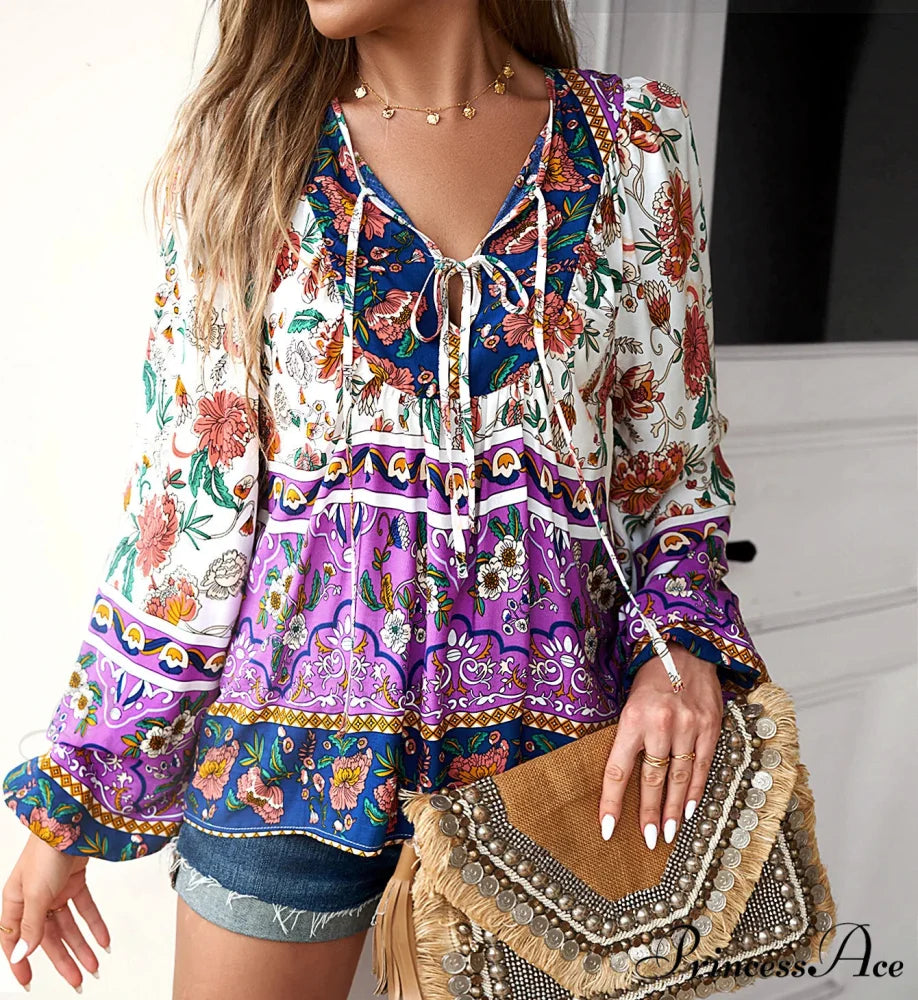 Soft Rayon Floral Printed Extended Sleeve Seaside Boho Top