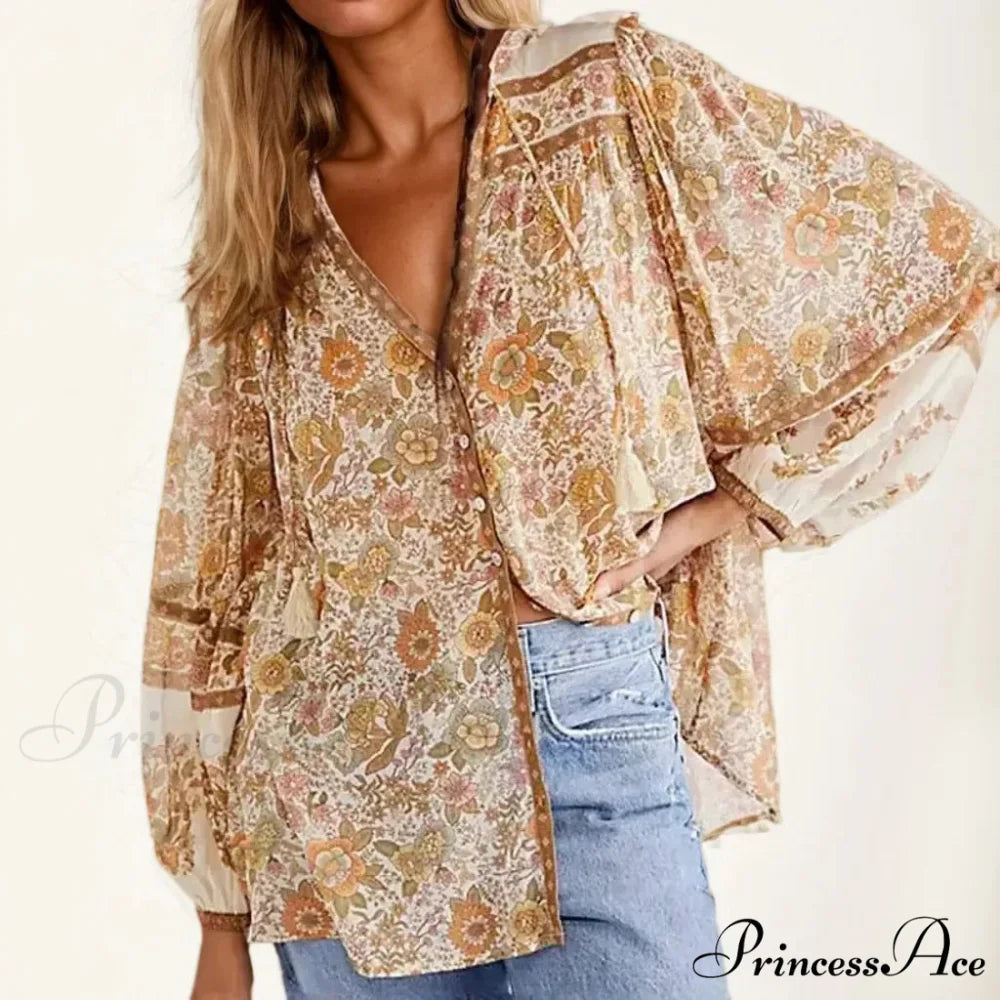 Soft Rayon Flower Patterned Long Sleeve V-Neck Bohemian Top