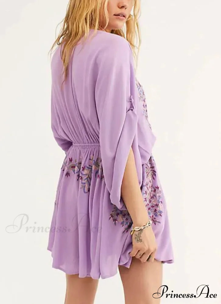 Soft Rayon Violet Floral Stitching Bohemian Dress