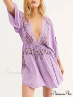 Soft Rayon Violet Floral Stitching Bohemian Dress