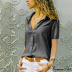 Solid Black V-Neck Chiffon Button Blouse