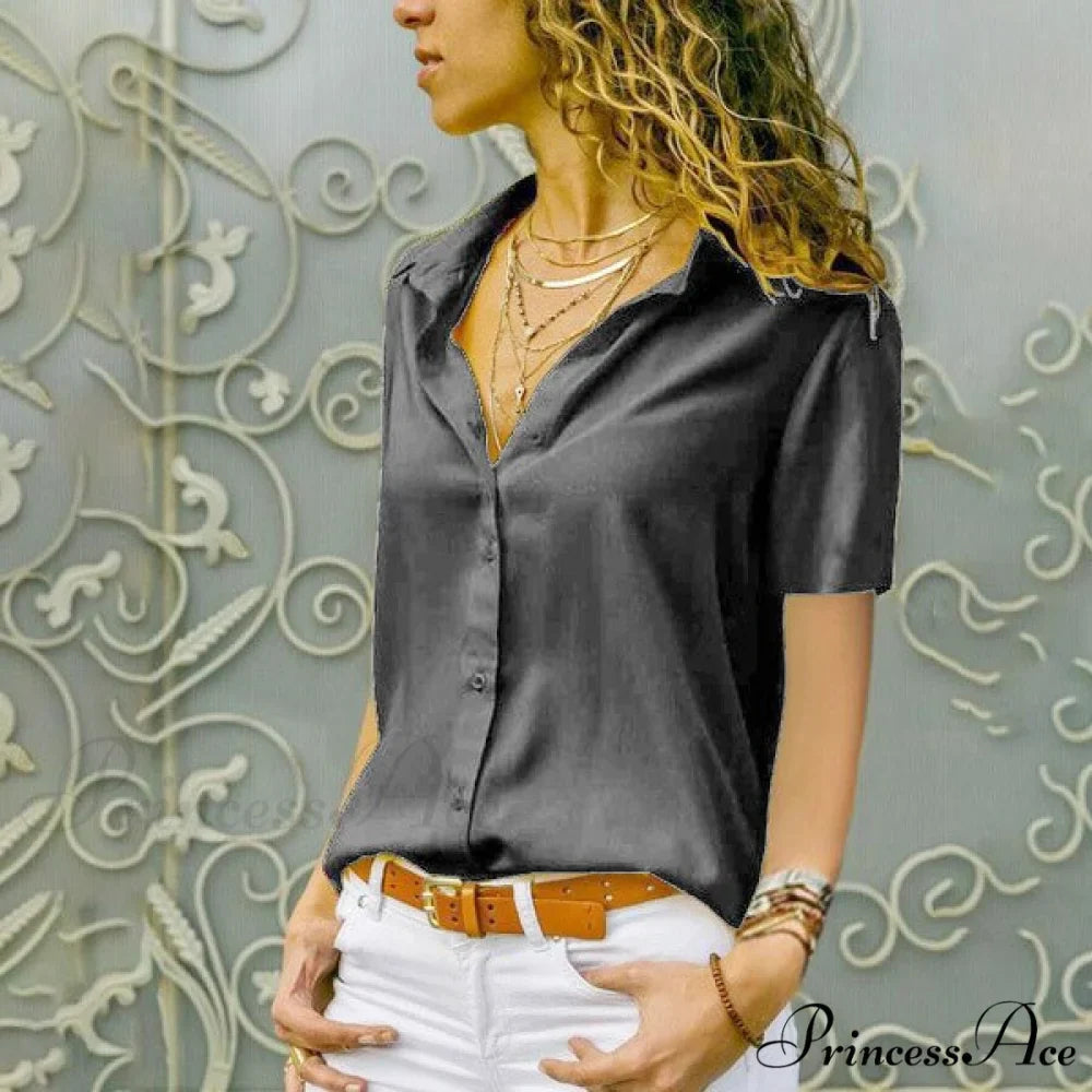 Solid Black V-Neck Chiffon Button Blouse