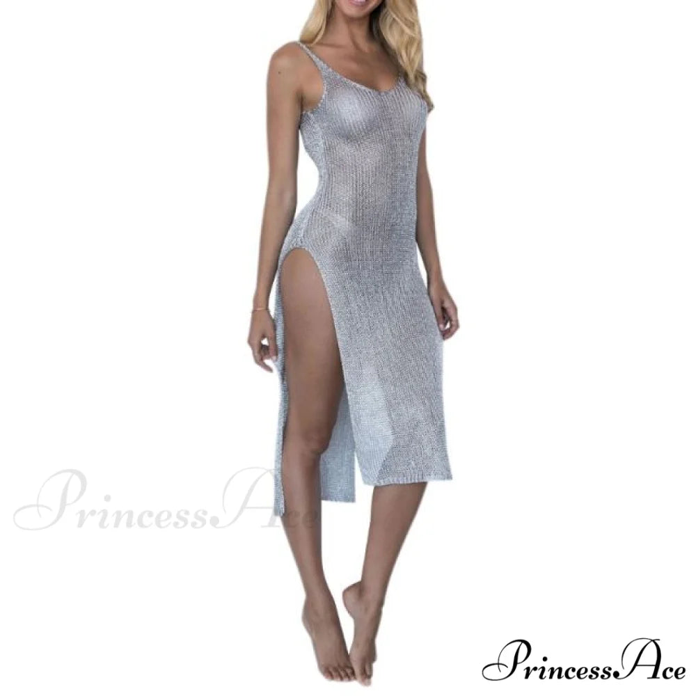 Solid Color Backless High Slit Sleeveless Dress