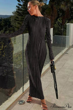 Solid Color Crew Neck Maxi Dress with Pleated Detail