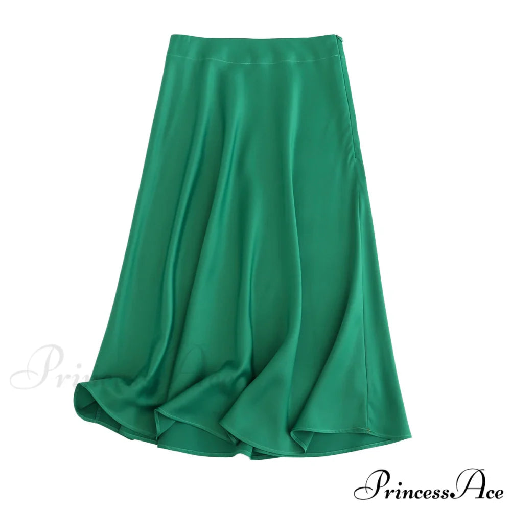 Solid Color High Quality Satin Midi Skirt
