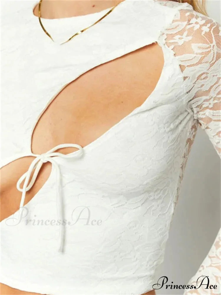 Solid Color Lace Floral Front Cutout Slim Fit T-Shirts