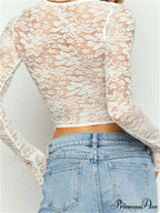 Solid Color Lace Floral Front Cutout Slim Fit T-Shirts