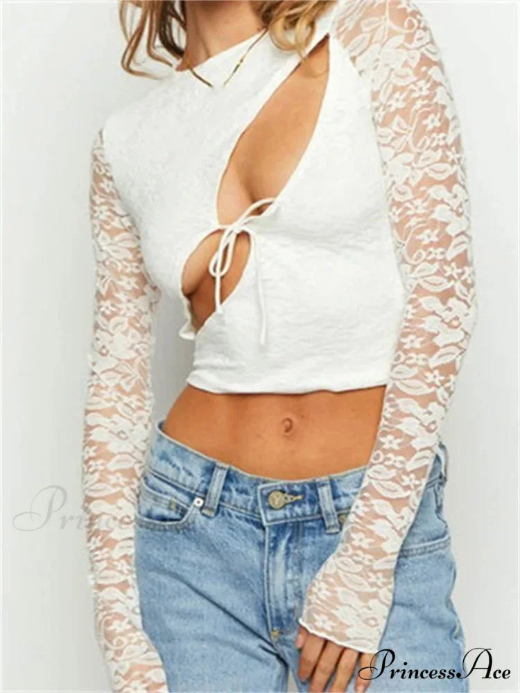 Solid Color Lace Floral Front Cutout Slim Fit T-Shirts